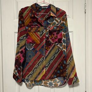 Desigual Mixed Print Boho Western Pocket front Button Down Blouse